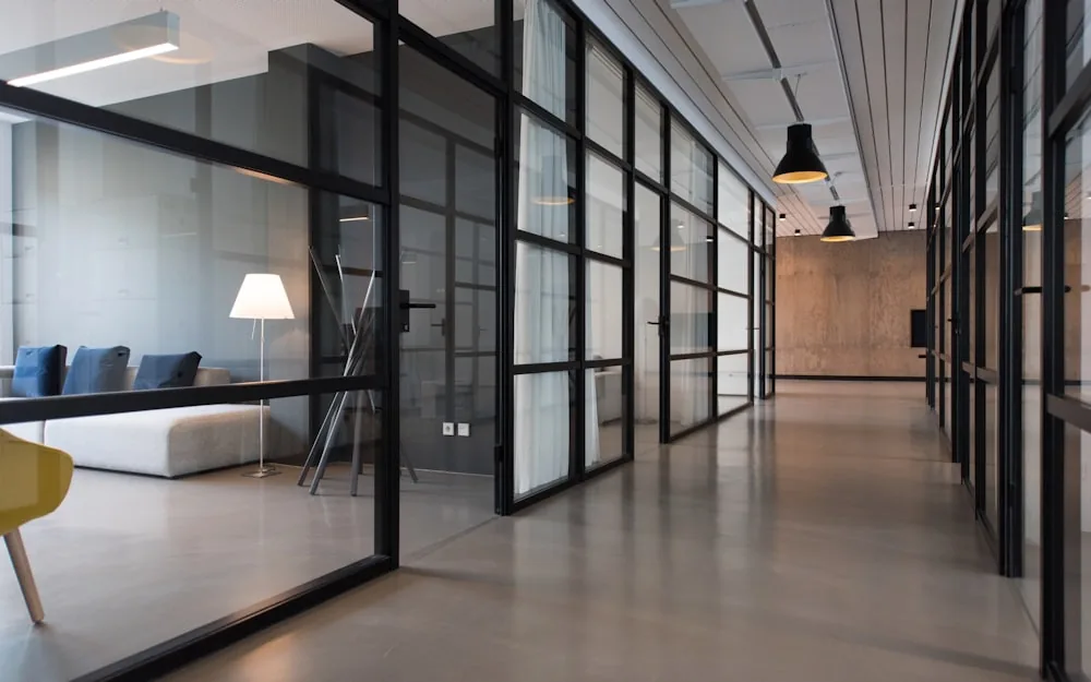 A clean commercial corridor with polished flooring.
